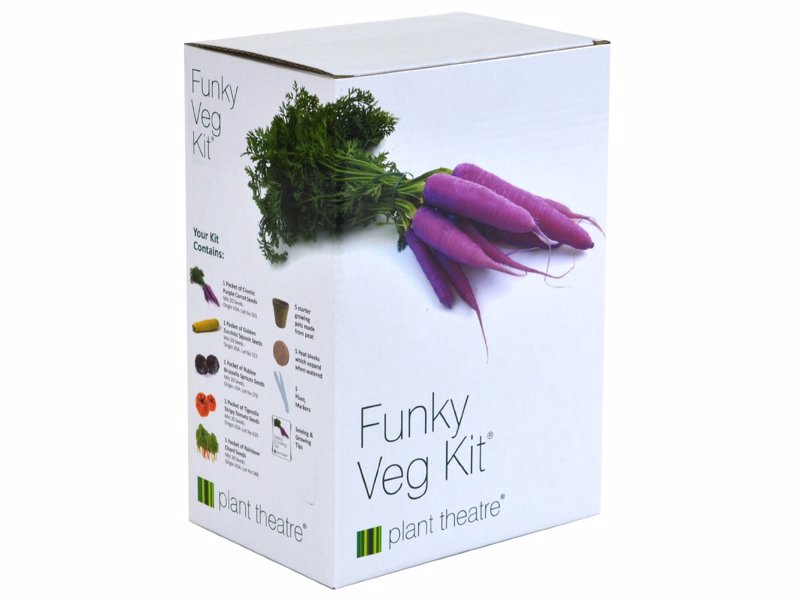 Plant Theatre Funky Veg Kit - Grow purple Carrots, Red Brussells Sprouts, Stripy Tomatoes, Yellow Zuchinni & Multi Coloured Swiss Chard