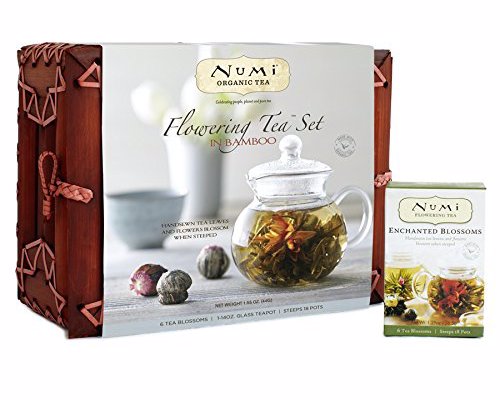 Numi Organic Teapot and 6 Flowering Tea Gift Set - When steeped in hot water, these rare Leaves of Art slowly blossom into a bouquet of breathtaking shapes and exquisite flavors
