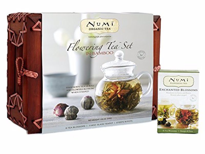 Numi Organic Teapot and 6 Flowering Tea Gift Set - When steeped in hot water, these rare Leaves of Art slowly blossom into a bouquet of breathtaking shapes and exquisite flavors