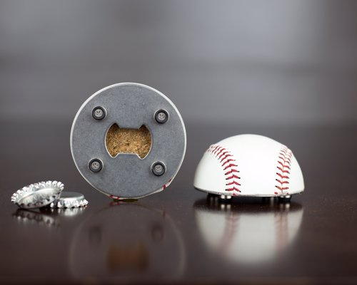 Baseball Bottle Opener - A bottle opener made from half of a REAL Leather Baseball, with a magnetic back to stick to your fridge and catch bottle caps