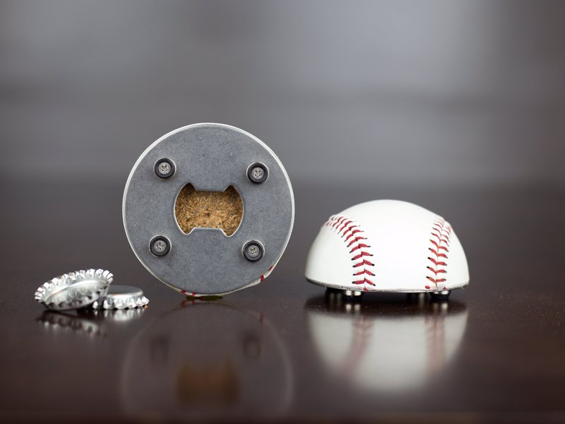 Baseball Bottle Opener - A bottle opener made from half of a REAL Leather Baseball, with a magnetic back to stick to your fridge and catch bottle caps