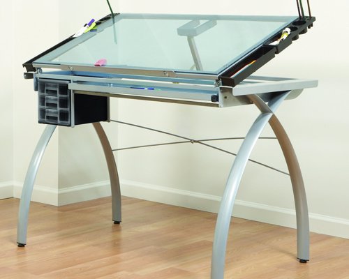 Glass Drafting and Crafting Table - Perfect multi-functional contemporary table, great for drafting, drawing, or crafting on its large tempered safety-glass work surface