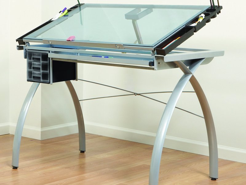 Glass Drafting and Crafting Table - Perfect multi-functional contemporary table, great for drafting, drawing, or crafting on its large tempered safety-glass work surface