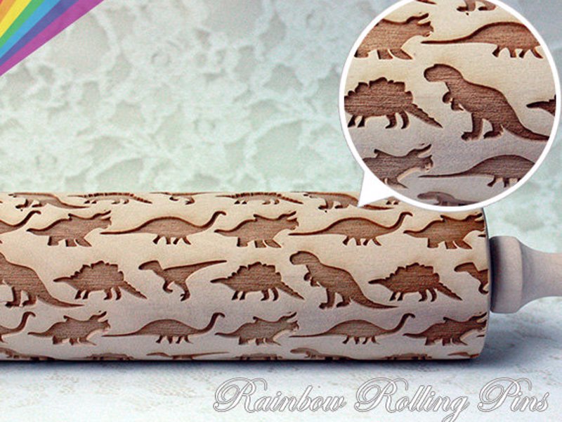 Embossed Dinosaur Rolling Pin - Emboss your cookies, pies, fondants with dinosaurs