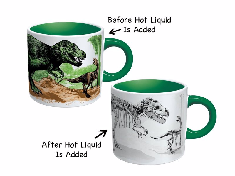 Disappearing Dino Mug - When you pour in a hot beverage, the dinosaurs transform into fossils in a museum exhibition