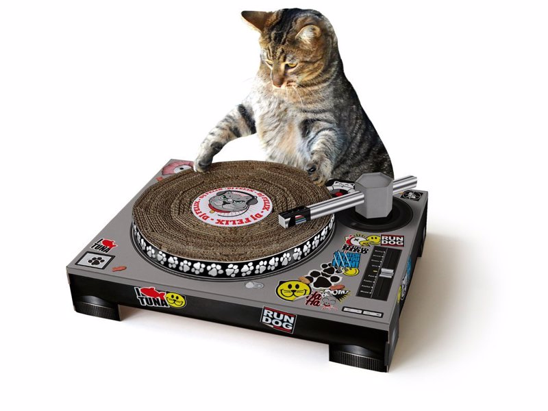 Cat Scratching DJ Deck - Cardboard, mixing deck-shaped cat scratching mat – with spinnable deck and poseable tone arm