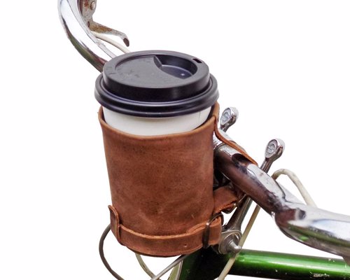 Leather Bike Cup Holder - Retro handmade holder for your coffee on the go